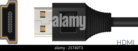 High Definition Multimedia Interface, cable for transmission of digital videos and photos. Wire for personal computer and gadgets, electronic devices on laptop. Vector in flat style illustration. HDMI type of connectors for personal computer Stock Vector