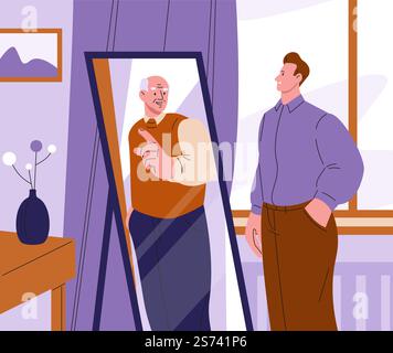 Advice young from old. Man looking at mirror and see yourself senior in future. Lifetime metaphor, self realization and support. Psychology kicky vector concept. Illustration of man reflection. Advice young from old. Man looking at mirror and see yourself senior in future. Lifetime metaphor, self realization and support. Psychology kicky vector concept Stock Vector