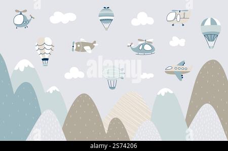 Scandinavian style kids landscape. Aircraft flying over mountain, childish banner with air transport and rocks. Nursery print, vector background. Illustration of scandinavian landscape graphic nature. Scandinavian style kids landscape. Aircraft flying over mountain, childish banner with air transport and rocks. Nursery print, cartoon nowaday vector background Stock Vector