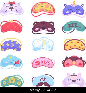 Eye sleep mask. Relaxed eyes accessories, bedtime elements. Traveler masks with cat, bear, cloud characters. Night sleepy blindfold, neoteric vector set of sleep mask accessory illustration. Eye sleep mask. Relaxed eyes accessories, bedtime elements. Traveler masks with cat, bear, cloud characters. Night sleepy blindfold, neoteric vector set Stock Vector