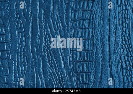 Crocodile genuine leather structure texture macro, blue colored leatherette surface with metallic, pearlescent effect. Reptile skin close up, macro ba Stock Photo