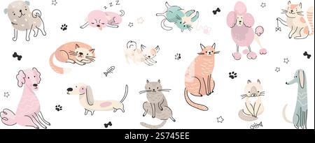 Doodle adorable pets. Cute dog portrait, pretty kitten relax different poses. Cats and dogs, cartoon drawing puppies. Isolated nowaday animals vector set of kitten and dog adorable. Doodle adorable pets. Cute dog portrait, pretty kitten relax different poses. Cats and dogs, cartoon drawing puppies. Isolated nowaday animals vector set Stock Vector