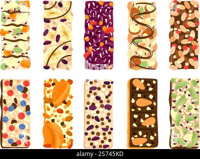 Healthy granola bars. Isolated honey bar with nuts cereal and dried fruits. Muesli cookies, protein energy snacks with seeds. Decent vector fast food set of nut bar snack with honey. Healthy granola bars. Isolated honey bar with nuts cereal and dried fruits. Muesli cookies, protein energy snacks with seeds. Decent vector fast food set Stock Vector