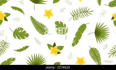 Green tropical plants, leaves and flower. Nature organic seamless pattern. Exotic leaf, bright summer forest elements vector texture. Illustration of floral flower, foliage garden spring. Green tropical plants, leaves and flower. Nature organic seamless pattern. Exotic leaf, bright summer forest elements vector texture Stock Vector