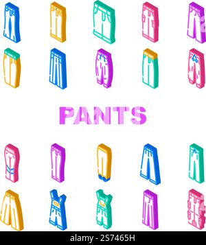 pants trousers fashion icons set vector. clothing garment, apparel design, casual wear, pocket style, sport, clothes cotton pants trousers fashion isometric sign illustrations. pants trousers fashion icons set vector Stock Vector