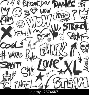 Urban graffiti elements. Spray graphics street drawing, pen doodle texture art. Isolated black fashion paint lettering, funky painted writing vector set. Illustration of graffiti graphic design art. Urban graffiti elements. Spray graphics street drawing, pen doodle texture art. Isolated black fashion paint lettering, funky painted writing neoteric vector set Stock Vector