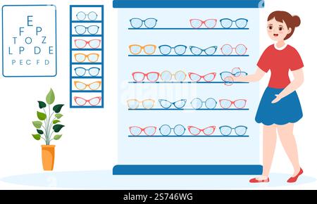 Eye Glasses Store or Optical Shop with Accessories, Optician, Checking Vision and Eyeglasses in Flat Cartoon Hand Drawn Templates Illustration Stock Vector