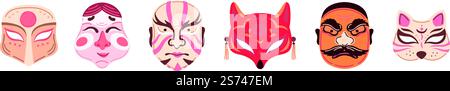 Doodle oriental style abstract masks. Angry mascot, cat and fox mask. Decorative asian elements, mystic totem or save symbols vector set. Illustration of oriental traditional mask. Doodle oriental style abstract masks. Angry mascot, cat and fox mask. Decorative asian elements, mystic totem or save symbols vector set Stock Vector