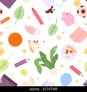 Diverse things. Food and drink, office tools and plants. Book, coffee and flat leaves, print for cloth. Money, yellow star, piggy bank vector seamless pattern chaos, slice of food illustration. Diverse things. Food and drink, office tools and plants. Book, coffee and flat leaves, print for cloth. Money, yellow star, piggy bank vector seamless pattern Stock Vector