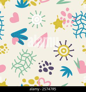 Trendy doodle abstract elements pattern. Sun, leaf and star. Contemporary fashion seamless texture, vector print template. Background pattern leaf and floral contemporary illustration. Trendy doodle abstract elements pattern. Sun, leaf and star. Contemporary fashion seamless texture, vector print template Stock Vector