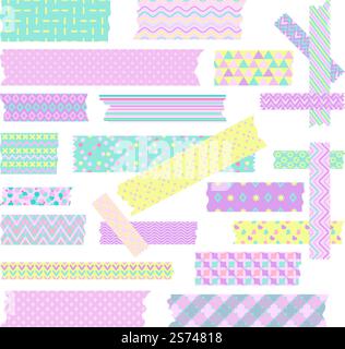 Washi tapes stripes set. Embellished decorative scotch, scrapbooking tape strip. Japanese craft tools, isolated paper or fabric pieces nowaday vector ribbons design. Illustration of scrapbook sticker. Washi tapes stripes set. Embellished decorative scotch, scrapbooking tape strip. Japanese craft tools, isolated paper or fabric pieces nowaday vector ribbons design Stock Vector