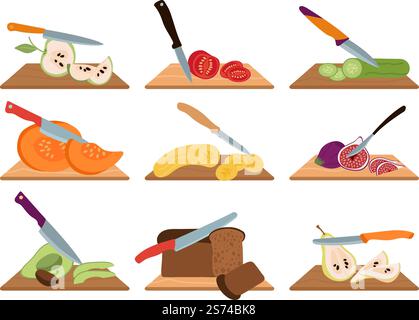 Raw food cutting. Chef cut vegetables and fruits with knife on wood board. Healthy shack, salad ingredients prepare. Chop bread and meal decent vector set. Illustration of cut fruit raw food. Raw food cutting. Chef cut vegetables and fruits with knife on wood board. Healthy shack, salad ingredients prepare. Chop bread and meal decent vector set Stock Vector