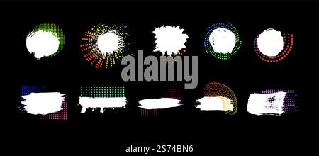 Art design paint splash or ink spots and neon halftone dotted decor. Grunge dirty white strokes, frames and stickers stencils. Bright decorative blobs vector kit. Illustration of ink splash paint. Art design paint splash or ink spots and neon halftone dotted decor. Grunge dirty white strokes, frames and stickers stencils. Bright decorative blobs vector kit Stock Vector