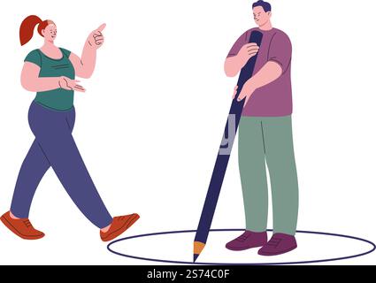 Self boundary. Respect personal borders, friendly woman violate boundaries of sad tired angry man. Build healthy relationship, asocial kicky vector person. Illustration of psychological zone comfort. Self boundary. Respect personal borders, friendly woman violate boundaries of sad tired angry man. Build healthy relationship, asocial kicky vector person Stock Vector