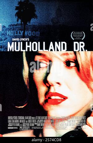 Mulholland Drive (2001) directed by David Lynch and starring Naomi Watts, Laura Harring, and Justin Theroux. A surreal psychological thriller about an aspiring actress who arrives in Los Angeles and becomes entangled in a mysterious plot involving a beautiful amnesiac woman. Photograph of an original 2001 US one sheet poster EDITORIAL USE ONLY. Credit: BFA / Universal Pictures Stock Photo