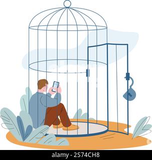 Mental inner prisoner. Oppressed person limit life, seclusion in cage and personal border. Mental health, smartphone and digital addiction kicky vector concept. Illustration of block prison. Mental inner prisoner. Oppressed person limit life, seclusion in cage and personal border. Mental health, smartphone and digital addiction kicky vector concept Stock Vector