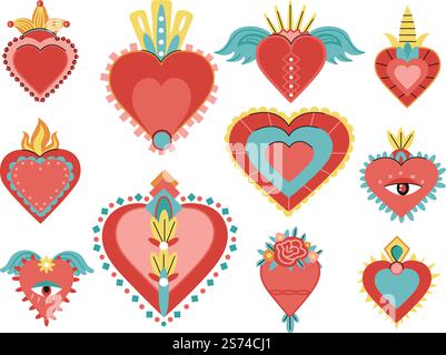 Sacred mexican hearts with fire eye and wings. Retro heart mexico stickers. Fashion tattoos or embroidery patch template. Spiritual magic decent vector elements. Illustration of fire and heart. Sacred mexican hearts with fire eye and wings. Retro heart mexico stickers. Fashion tattoos or embroidery patch template. Spiritual magic decent vector elements Stock Vector