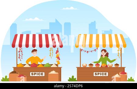 Spice Shop with Different Hot Spices, Condiment, Exotic Fresh Seasoning and Traditional Herbs in Flat Cartoon Hand Drawn Templates Illustration Stock Vector