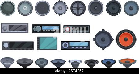 Acoustics for the carmusic icons set cartoon vector. Sound bass. Auto audio. Acoustics for the carmusic icons set cartoon vector. Sound bass Stock Vector