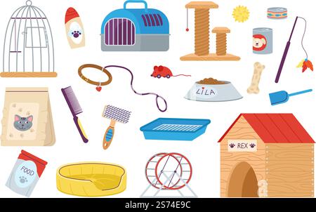 Pet shop tools. Dog hairstyling tools, parrot cage and cat accessories. Cartoon pets carriers and toy, isolated animal styling service decent vector elements of pet grooming instruments illustration. Pet shop tools. Dog hairstyling tools, parrot cage and cat accessories. Cartoon pets carriers and toy, isolated animal styling service decent vector elements Stock Vector