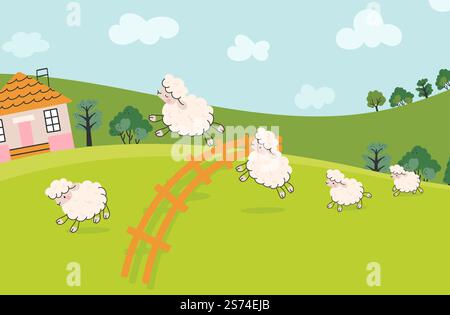 Sheeps jump on field. Count sheep jumping fence. Farm animal landscape, counting cartoon animals for sleeping. Funny nowaday insomnia treatment vector scene. Sheep jumping count. Sheeps jump on field. Count sheep jumping fence. Farm animal landscape, counting cartoon animals for sleeping. Funny nowaday insomnia treatment vector scene Stock Vector