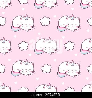 Cat unicorn seamless pattern. Unicorns kitty pastel characters, textile print with cute caticorns. Funny cartoon animals, magic graphic nowaday vector background of cat seamless animal. Cat unicorn seamless pattern. Unicorns kitty pastel characters, textile print with cute caticorns. Funny cartoon animals, magic graphic nowaday vector background Stock Vector