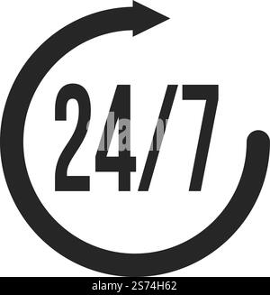 24 hours 7 days service icon in black round arrow isolated on white background. 24 hours 7 days service icon in black round arrow Stock Vector
