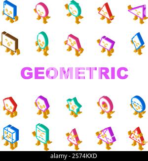 geometric shape funny icons set vector. face graphic, design square, circle triangle, flat trendy, rectangle style cute star geometric shape funny isometric sign illustrations. geometric shape funny icons set vector Stock Vector
