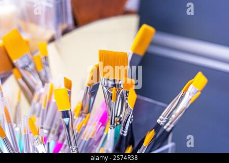 synthetic brushes of different sizes for oil and acrylic and watercolor paints Stock Photo