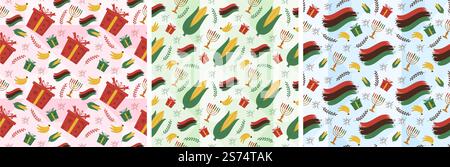 Set of Happy Kwanzaa Holiday African Seamless Pattern Design with Festival Style Element on Template Hand Drawn Cartoon Flat Illustration Stock Vector