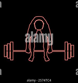 Neon muscular man weightlifter doing raising the barbell sportsman raising weights silhouette icon black color vector illustration flat style simple imagein circle round red color vector illustration image flat style light. Neon muscular man weightlifter doing raising the barbell sportsman raising weights silhouette icon black color illustration in circle round red color vector illustration image flat style Stock Vector