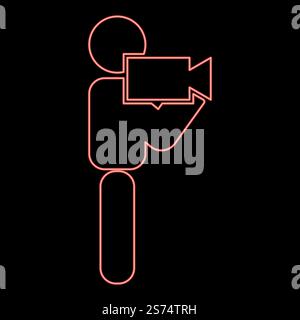 Neon man with video camera stick red color vector illustration image flat style light. Neon man with video camera stick red color vector illustration image flat style Stock Vector