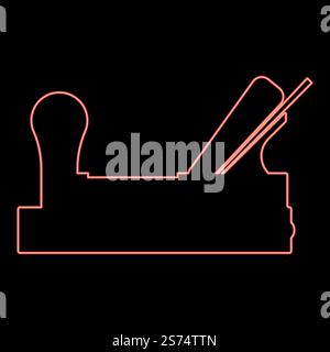 Neon jointer plane with wood icon black color vector illustration flat style simple imagein circle round red color vector illustration image flat style light. Neon jointer plane with wood icon black color illustration in circle round red color vector illustration image flat style Stock Vector