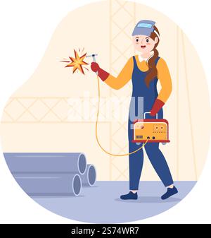 Welding Service with Professional Welder Job Weld Metal Structures, Pipe and Steel Construction in Flat Cartoon Hand Drawn Templates Illustration Stock Vector
