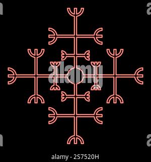 Neon helm of awe aegishjalmur or egishjalmur galdrastav red color vector illustration image flat style light. Neon helm of awe aegishjalmur or egishjalmur galdrastav red color vector illustration image flat style Stock Vector