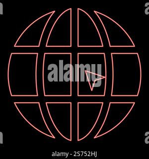 Neon world with arrow world click concept website icon black color vector illustration flat style simple imagein circle round red color vector illustration image flat style light. Neon world with arrow world click concept website icon black color illustration in circle round red color vector illustration image flat style Stock Vector