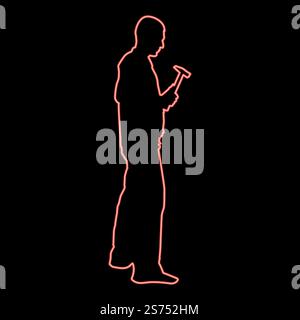 Neon repairman master man in overalls with tool in his hands hammer red color vector illustration image flat style light. Neon repairman master man in overalls with tool in his hands hammer red color vector illustration image flat style Stock Vector