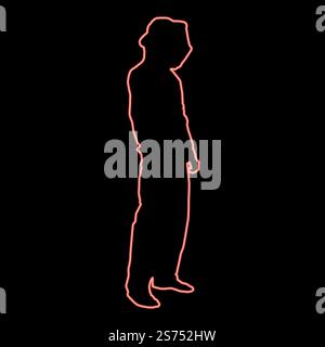 Neon beekeeper in protective outfit clothing with hat with grid of bee stings collects honey Beekeeper beemaster apiarist in apiary View side red color vector illustration image flat style light. Neon beekeeper in protective outfit clothing with hat with grid of bee stings collects honey Beekeeper beemaster apiarist in apiary View side red color vector illustration image flat style Stock Vector