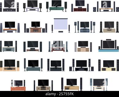 Home theater icons set cartoon vector. Computer speaker. Audio cd. Home theater icons set cartoon vector. Computer speaker Stock Vector