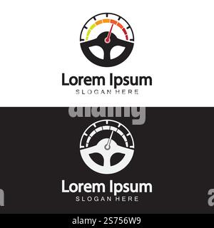 Steering Wheel and speedometer logo template. Driving school vector design. Stock Vector