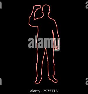 Neon man shows card in his hand business card in hand businessman silhouette icon black color vector illustration flat style simple imagein circle round red color vector illustration image flat style light. Neon man shows card in his hand business card in hand businessman silhouette icon black color illustration in circle round red color vector illustration image flat style Stock Vector