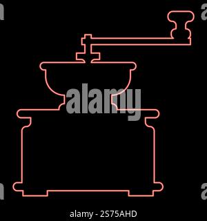 Neon coffee grinder Mill manual manufacture classic vintage style red color vector illustration image flat style light. Neon coffee grinder Mill manual manufacture classic vintage style red color vector illustration image flat style Stock Vector