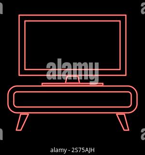 Neon tV set on the cupboard commode bedside table Home interior concept red color vector illustration image flat style light. Neon tV set on the cupboard commode bedside table Home interior concept red color vector illustration image flat style Stock Vector