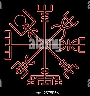 Neon vegvisir runic compass galdrastav Navigation compass symbol red color vector illustration image flat style light. Neon vegvisir runic compass galdrastav Navigation compass symbol red color vector illustration image flat style Stock Vector