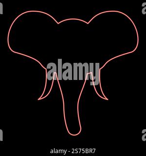 Neon head of elephant silhouette mascot front view African or Indian animal red color vector illustration image flat style light. Neon head of elephant silhouette mascot front view African animal red color vector illustration image flat style Stock Vector