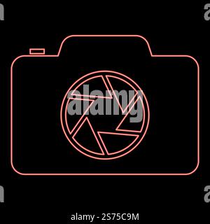 Neon camera with focus of lens concept red color vector illustration image flat style light. Neon camera with focus of lens concept red color vector illustration image flat style Stock Vector