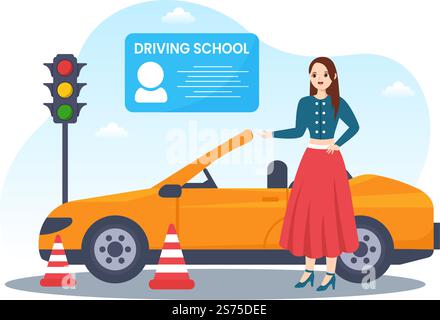 Driving School with Education Process of Car Training and Learning to Drive to Get Drivers License in Flat Cartoon Hand Drawn Templates Illustration Stock Vector