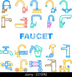 Tap kitchen and bathroom faucet icons. Vector thin line sink faucets ...