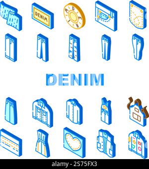 denim textile material fashion icons set vector. fabric blue, texture cloth, canvas cotton, clothing jeans, wea style, textured cloth denim textile material fashion isometric sign illustrations. denim textile material fashion icons set vector Stock Vector
