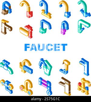 faucet water sink tap bathroom icons set vector. clean home, modern interior, white drop, wash, plumbing metal, hous pipe faucet water sink tap bathroom isometric sign illustrations. faucet water sink tap bathroom icons set vector Stock Vector
